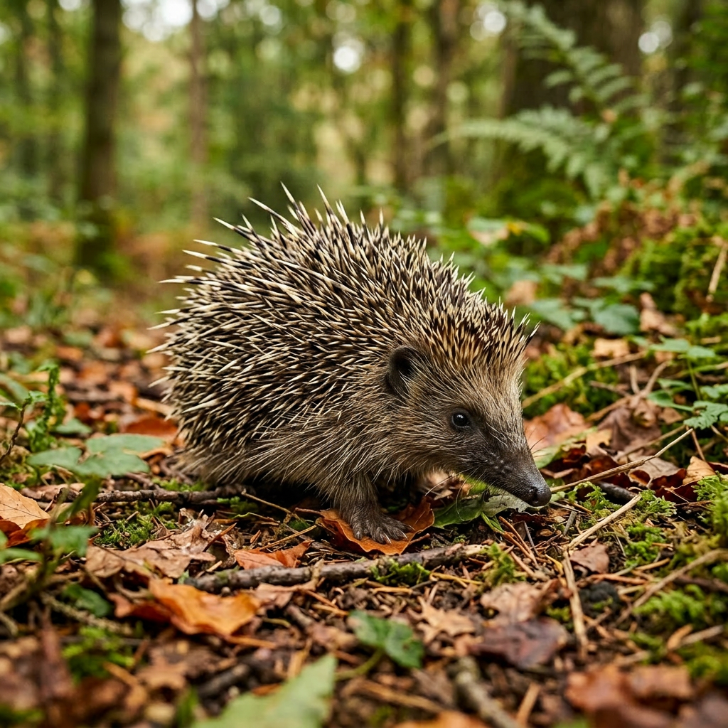 Hedgehog walking on forest floor covered with leaves and moss